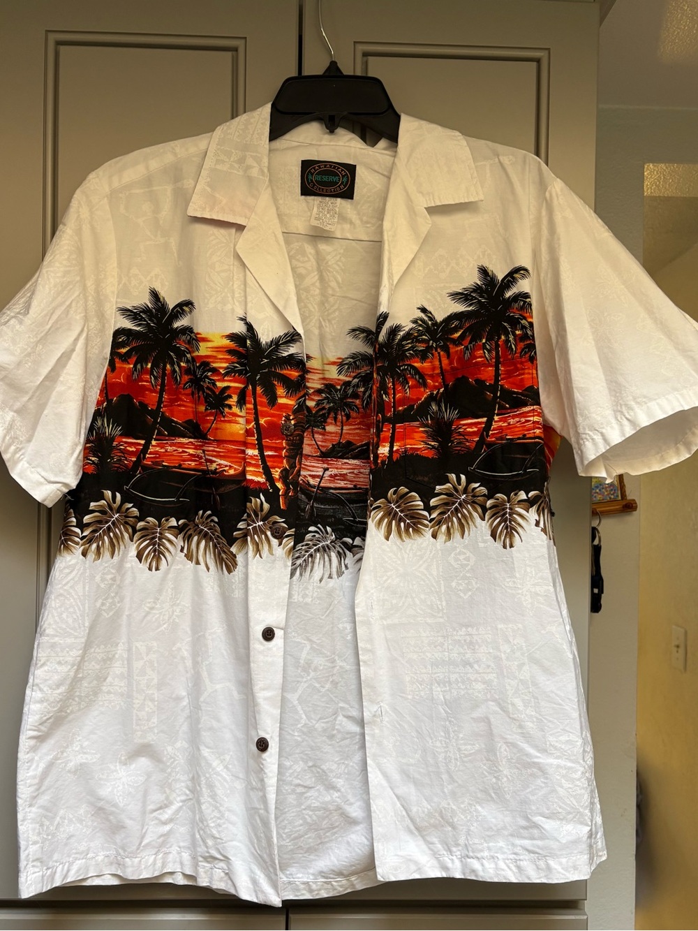 Mens White Hawaiian Shirt with Sunset Palm Print